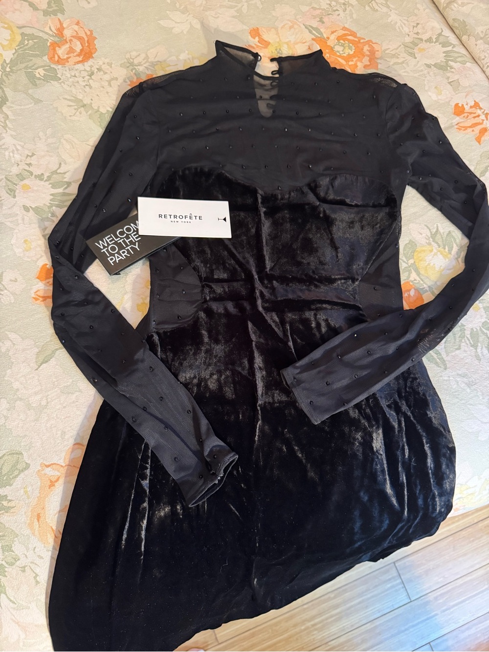 Retrofete Black Velvet Mini Dress with Sheer Beaded Sleeves